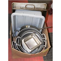 BOX OF COMMERICAL COOKING POTS & PANS
