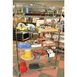 RACK OF ASSORTED TOOLS INCLUDING A LASER LEVEL