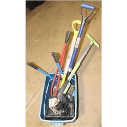 TOTE OF GARDENING TOOLS AND EQUIPMENT.