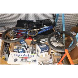 PALLET OF TOOLS, PLUMBING EQUIPMENT AND A BIKE