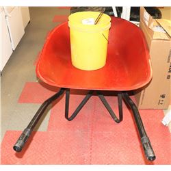 ESTATE LARGE RED WHEEL BARROW WITH PAIL OF MISC