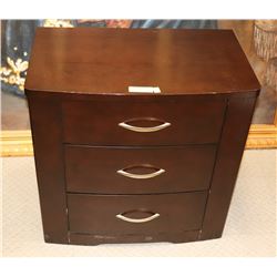 3 DRAWER DARK WOOD END TABLE, 26"X16"X28".