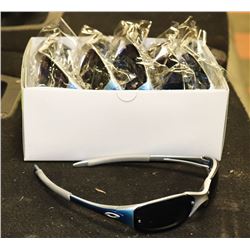 BOX OF OAKLEY STYLED BLUE & SILVER SUNGLASSES