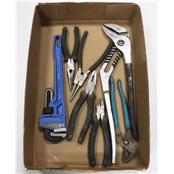 BOX W/VARIOUS TYPES OF PLIERS, CUTTERS &