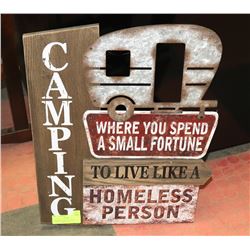 LARGE METAL & WOOD SIGN "CAMPING WHERE YOU