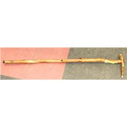 WOODEN CANE WITH ANTLER HANDLE,  RUBBER BOTTOM