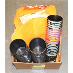 FLAT OF PARTY ITEMS INCL 58 REUSABLE PLASTIC CUPS