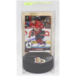 DION PHANEUF AUTOGRAPHED CARD & PUCK HOLDER.