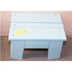 CHILDS HANDCRAFTED BLUE STOOL, 9"X13"X10.5".