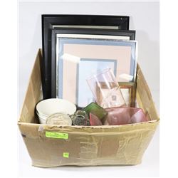 BOX OF ASSORTED VASES, FRAMED PICTURES AND MORE