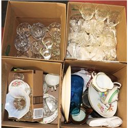 4 BOXES OF CRYSTAL , GLASS AND CHINA