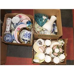 THREE BOXES OF CHINA , DISHES , ORNAMENTS