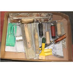 LARGE BOX OF DRYWALL TOOLS AND CEMENT