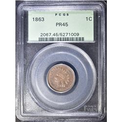 1863 INDIAN CENT PCGS PR-45 OLD GREEN HOLDER