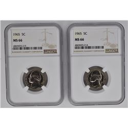 2-1965 JEFFERSON NICKELS, NGC MS-66