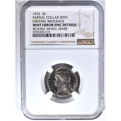 1972 MINT ERROR JEFFERSON NICKEL, NGC UNC details