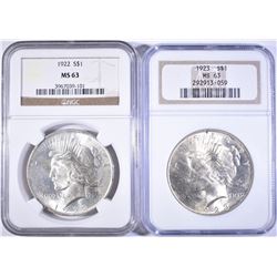 1922 & 23 PEACE DOLLARS NGC MS-63