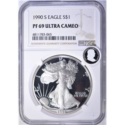 1990-S AMERICAN SILVER EAGLE, NGC PF69 ULTRA CAMEO
