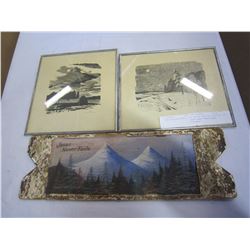 RH TAYLOR 1945 OIL PAINTING ON BIRCH BARK "TWIN PEAKS ROCKIES"AND TWO 1980 RUSSIAN PRINTS