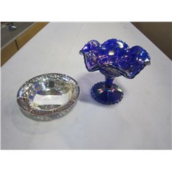 BIRKS PLATED DISH AND CARNIVAL GLASS PEDESTLE DISH