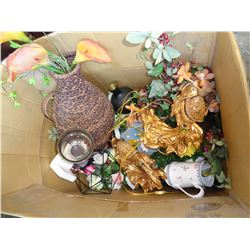 BOX OF VASES AND ARTIFICIAL PLANTS AND FISH LAMPS