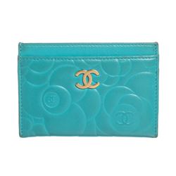 Chanel Turquoise Blue Lambskin Leather Camellia Flower Embossed Cardholder