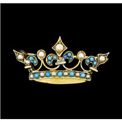 Seed Pearl and Turquoise Crown Motif Pin - 9KT Yellow Gold