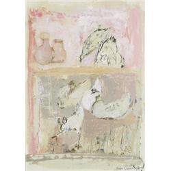 Anne Donnelly (b.1932) COCKERELS IN PINK signed an