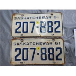 LOT OF 2 LICENSE PLATES (SASK) *1961*