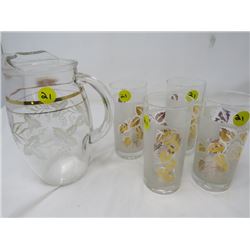 LOT OF 5 (4 MATCHING GLASSES) & JUICE PITCHER