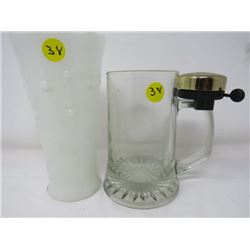 BEER STEIN  (W/BELL) & WHITE GLASS VASE