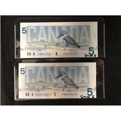 1986 CANADIAN $5 BANK NOTES (SMALL C & F)