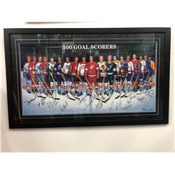 AUTOGRAPHED 500 NHL GOAL SCORERS 42" X 26" FRAMED PRINT W/ HOWE, HULL, BUCYK, BELIVEAU, LAFLEUR...
