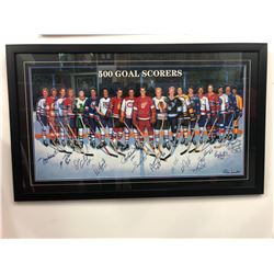 AUTOGRAPHED 500 NHL GOAL SCORERS 42" X 26" FRAMED PRINT W/ HOWE, HULL, BUCYK, BELIVEAU, LAFLEUR...