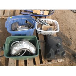 Pallet containing mufflers, windshield, headlight, gas tank & misc
