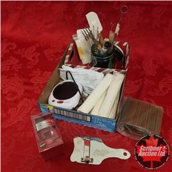 Tray Lot: Combo Cutter, Variety Kitchen Utensils, Cake Pop Sticks, White Gloves, Coffee Warmer, etc