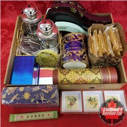 Large Tray Lot: Candle Holders, Tins, Décor Items, Boxes, Bags, etc