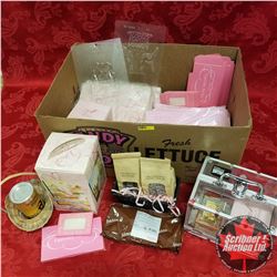 Box Lot: Pink Theme  (Glass Trinket Boxes, Moulds, Baskets, Lockable See Through Carry Case, Bags, C