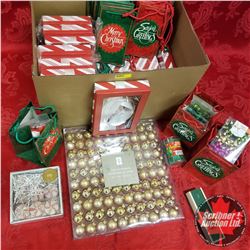 Box Lot - Christmas Variety: Bags, Bulbs, Boxes, Candles, Bows, Cocktail Forks