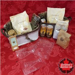 Tray Lot: 2 Bark Baskets, 4 Bags Tea Leaves, Callebout Chocolate, 4 Tins Cocoa, Moulds, etc !