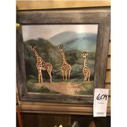 HAND PAINTED FRAMED and SIGNED ART WORK DEPICTING 3 GIRAFFE
