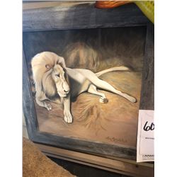 HAND PAINTED FRAMED and SIGNED ART WORK DEPICTING A RESTING LION