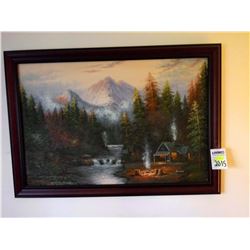 SIGNED OIL ON CANVAS BY "KRAMER" BEAUTIFUL SCENE DEPICTING CABIN/STREAM/MOUNTAIN VIEWS