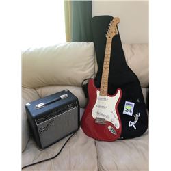 ELECTRIC SIGNED FENDER GUITAR AND SQUIER AMPLIFIER/RED & WHITE WITH CASE
