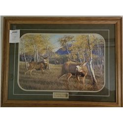 FRAMED ART "DOUBLE TAKE" BY MANUEL MANSANAREZ JR. DEPICTING MULE DEER