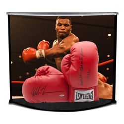 Mike Tyson Signed 16x19x12 Boxing Gloves Curve Display Inscribed  Baddest Man On The Planet    44 KO