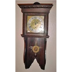 ENGLISH TIME ONLY FUSEE FREE SWINGER (TAVERN CLOCK) MARRIAGE; LATE 19TH CENTURY; OAK CASE 29"X12.5"X