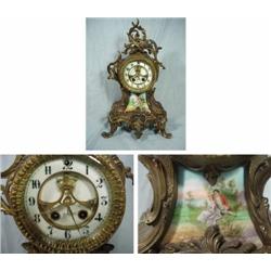GILBERT TIME AND STRIKE ART NOVEAU GILDED POT METAL; BROKEN SIDE ORNAMENT; WRONG PENDULUM; VISIBLE E
