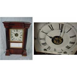 SETH THOMAS COLUMN COTTAGE WITH BRONZE LOOKING GLASS. TIME AND STRIKE, ALARM, 8 DAY, DIAL AGRESSIVEL