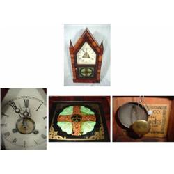 JEROME AND CO. 30 HR. GOTHIC TIME AND ALARM LOWER GLASS ORIGINAL BUT DAMAGED; CASE FINISH REMOVED. C